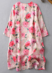 Beautiful Print O-Neck Button Cotton Mid Dress Half Sleeve