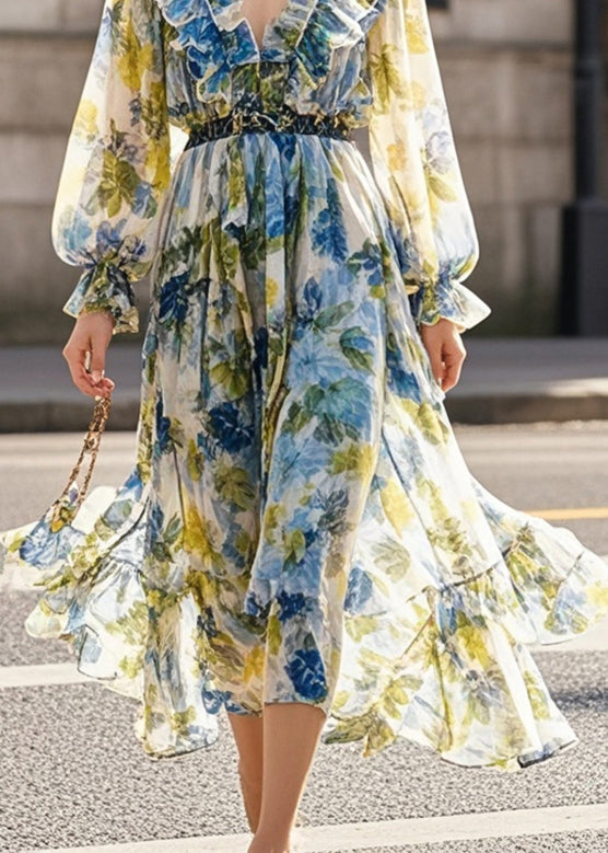 Beautiful Print Ruffled Silm Fit Chiffon Beach Dress Fall