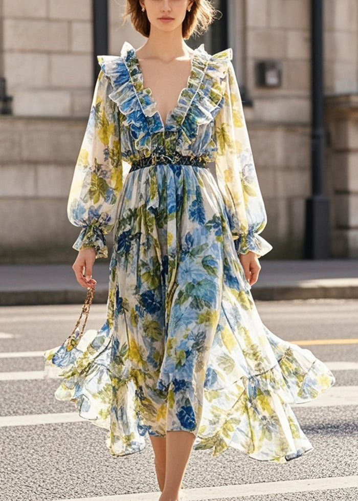 Beautiful Print Ruffled Silm Fit Chiffon Beach Dress Fall