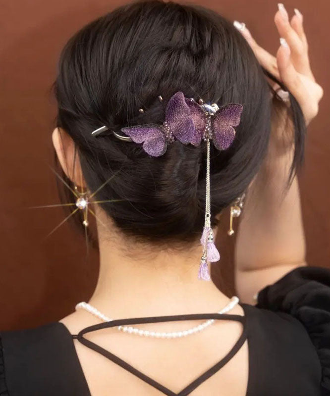 Beautiful Purple Alloy Butterfly Tassel Hairpin