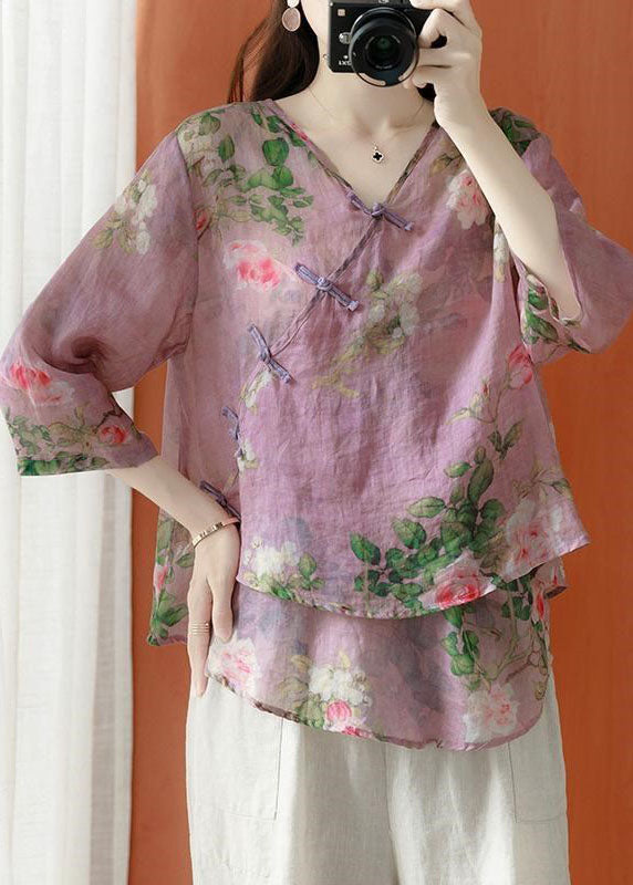 Beautiful grey Asymmetrical Print Linen Blouses Half Sleeve