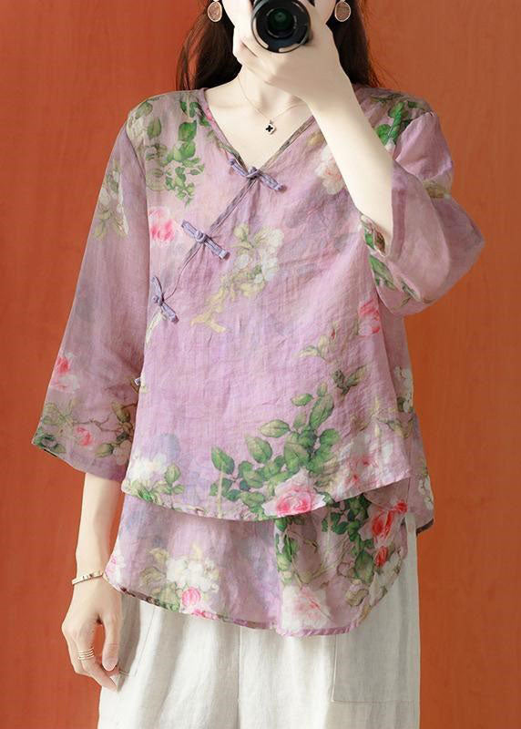 Beautiful grey Asymmetrical Print Linen Blouses Half Sleeve