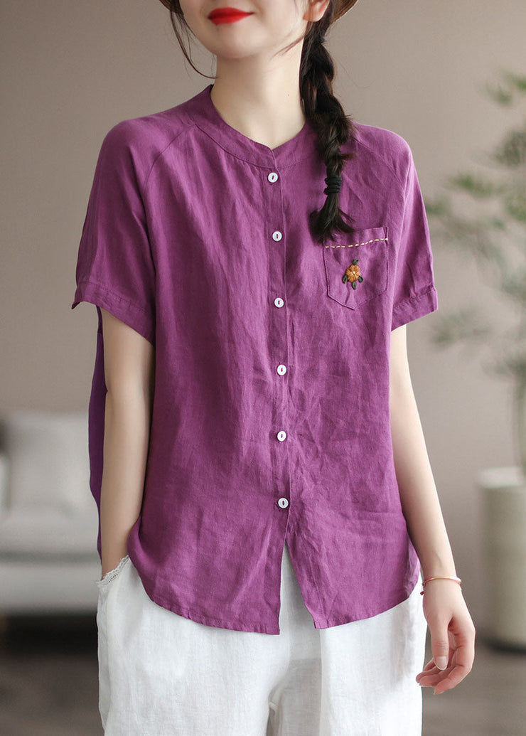 Beautiful Purple Embroideried Patchwork Linen Blouse Top Summer