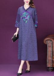 Beautiful Purple Embroideried Patchwork Silk A Line Dresses Bracelet Sleeve