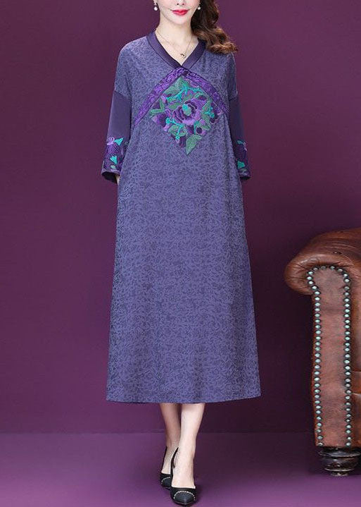 Beautiful Purple Embroideried Patchwork Silk A Line Dresses Bracelet Sleeve