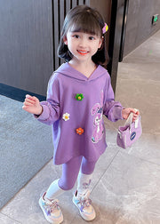 Beautiful Purple Hooded Print Patchwork Cotton Girls Two Pieces Set Fall