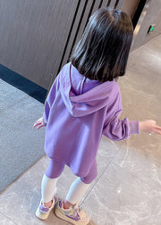 Beautiful Purple Hooded Print Patchwork Cotton Girls Two Pieces Set Fall