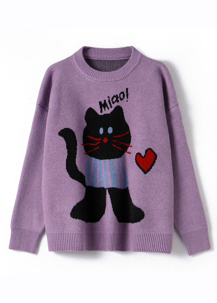 Beautiful Purple O-Neck Animal Print Thick Cotton Knit Sweater Long Sleeve