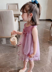 Beautiful Purple O-Neck Bow Patchwork Tulle Girls Mid Dress Sleeveless