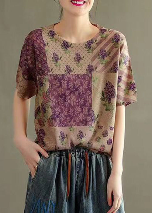 Beautiful Purple O Neck Print Patchwork Thin Cotton Knit Tops Summer