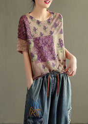 Beautiful Purple O Neck Print Patchwork Thin Cotton Knit Tops Summer