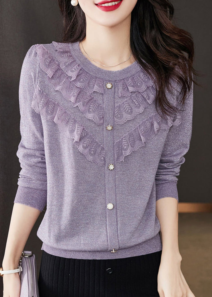 Beautiful Purple O Neck Ruffled Patchwork Knit Tops Fall