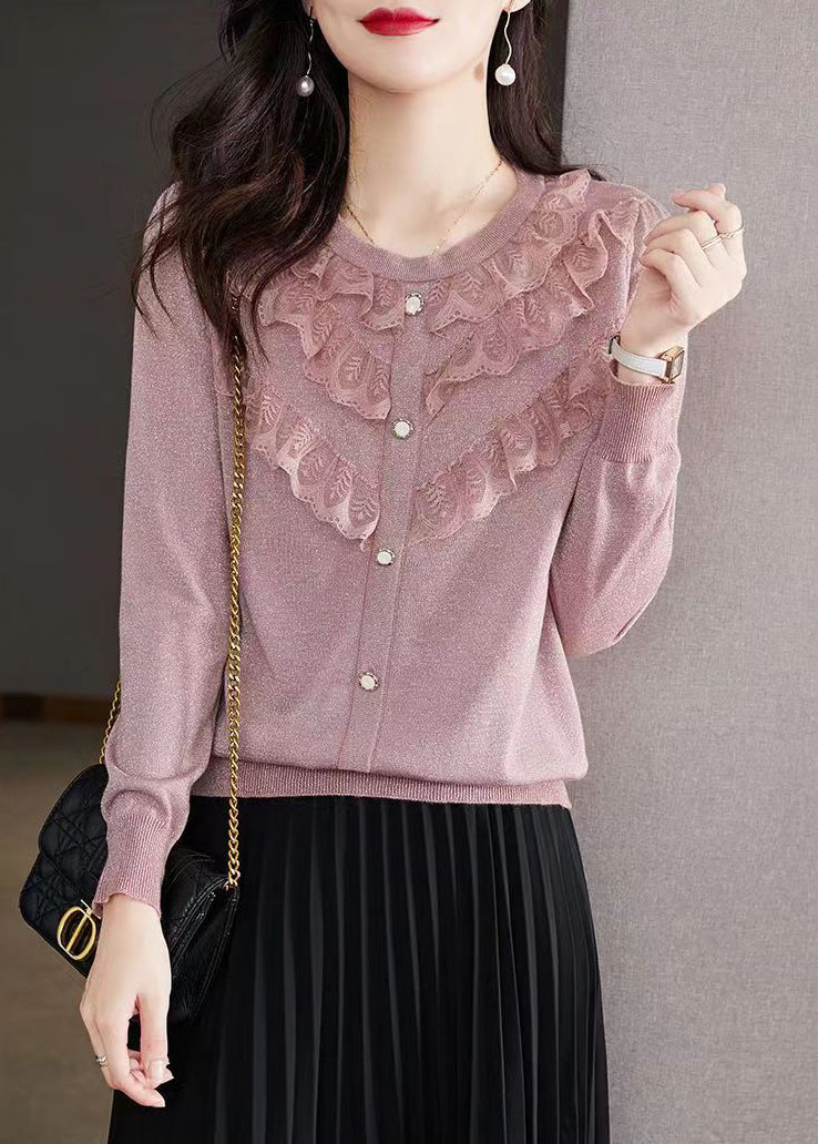 Beautiful Purple O Neck Ruffled Patchwork Knit Tops Fall