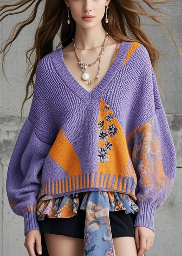 Beautiful Purple Oversized Patchwork Knit Sweaters Fall