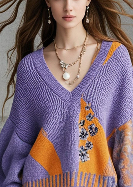 Beautiful Purple Oversized Patchwork Knit Sweaters Fall