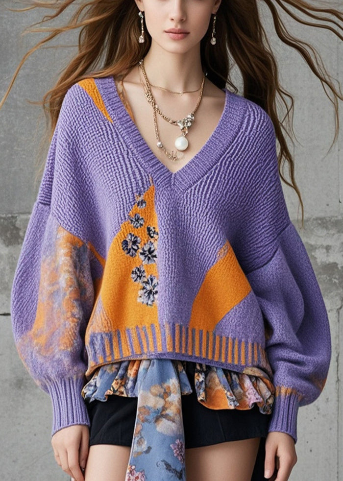 Beautiful Purple Oversized Patchwork Knit Sweaters Fall