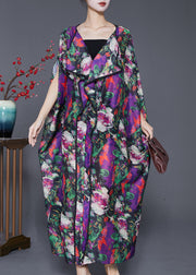 Beautiful Purple Oversized Print Chiffon Long Dresses Batwing Sleeve