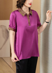 Beautiful Purple Peter Pan Collar Button Patchwork Silk T Shirt Summer