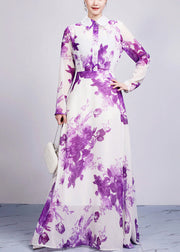 Beautiful Purple Peter Pan Collar Print Chiffon Maxi Dresses Long Sleeve