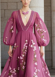 Beautiful Purple Print Chiffon Party Dress Lantern Sleeve