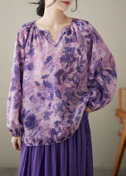 Beautiful Purple Print Wrinkled Patchwork Linen Tops Long sleeve