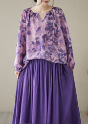 Beautiful Purple Print Wrinkled Patchwork Linen Tops Long sleeve