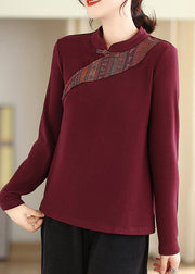 Beautiful Purple Red Stand Collar Button Cotton Blouse Tops Fall