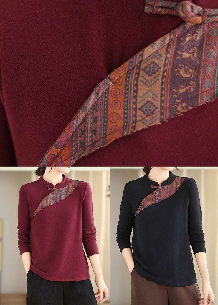 Beautiful Purple Red Stand Collar Button Cotton Blouse Tops Fall