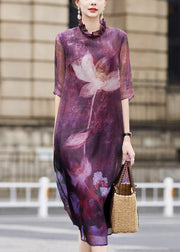 Beautiful Purple Ruffled Lotus Print Patchwork Silk Dress Summer