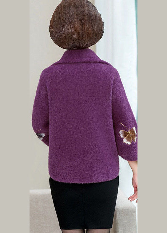 Beautiful Purple Square Collar Floral Mink Hair Knitted Coats Winter