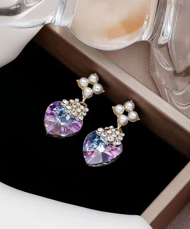 Beautiful Purple Sterling Silver Inlaid Zircon Crystal Pearl Love Drop Earrings