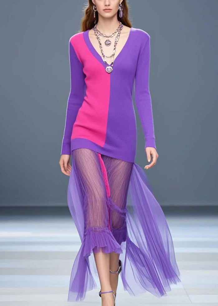 Beautiful Purple V Neck Patchwork Tulle Knitwear Dress Fall