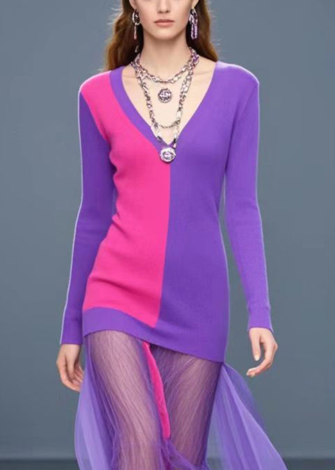 Beautiful Purple V Neck Patchwork Tulle Knitwear Dress Fall