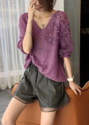 Beautiful Purple V Neck Ruffled Tulle Patchwork Nail Bead Knitted Tops Long Sleeve