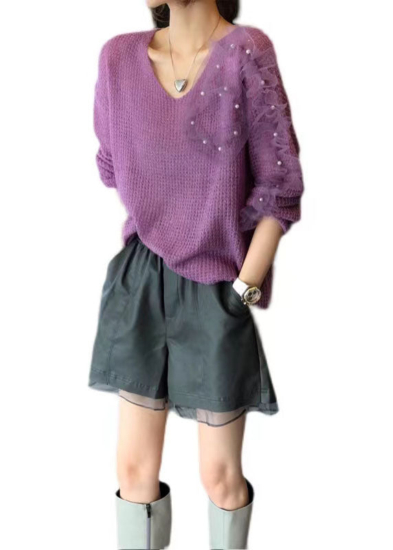 Beautiful Purple V Neck Ruffled Tulle Patchwork Nail Bead Knitted Tops Long Sleeve