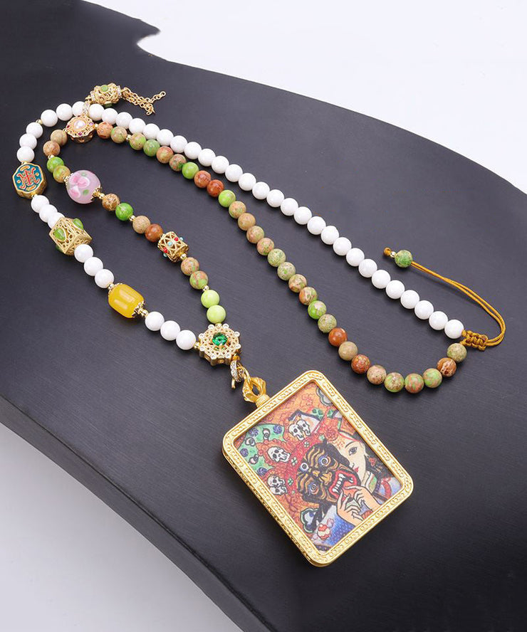 Beautiful Rainbow Chalcedony Beeswax Crystal Beading Pendant Necklace