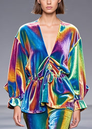 Beautiful Rainbow Cinched Silk Velour Shirt Fall