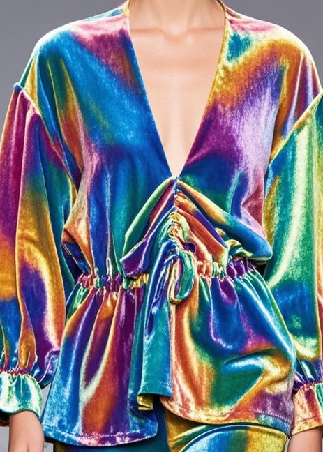 Beautiful Rainbow Cinched Silk Velour Shirt Fall