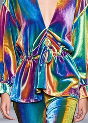 Beautiful Rainbow Cinched Silk Velour Shirt Fall