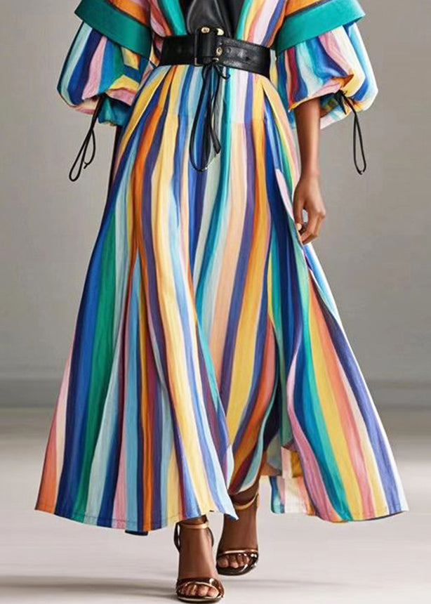 Beautiful Rainbow Cinched Striped Cotton Holiday Dress Lantern Sleeve