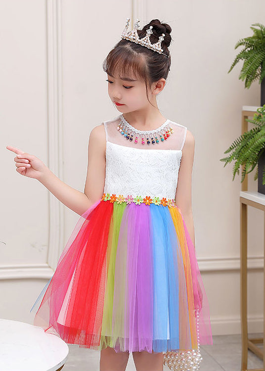 Beautiful Rainbow Daisy Tassel Tulle Kids Girls Dress Summer