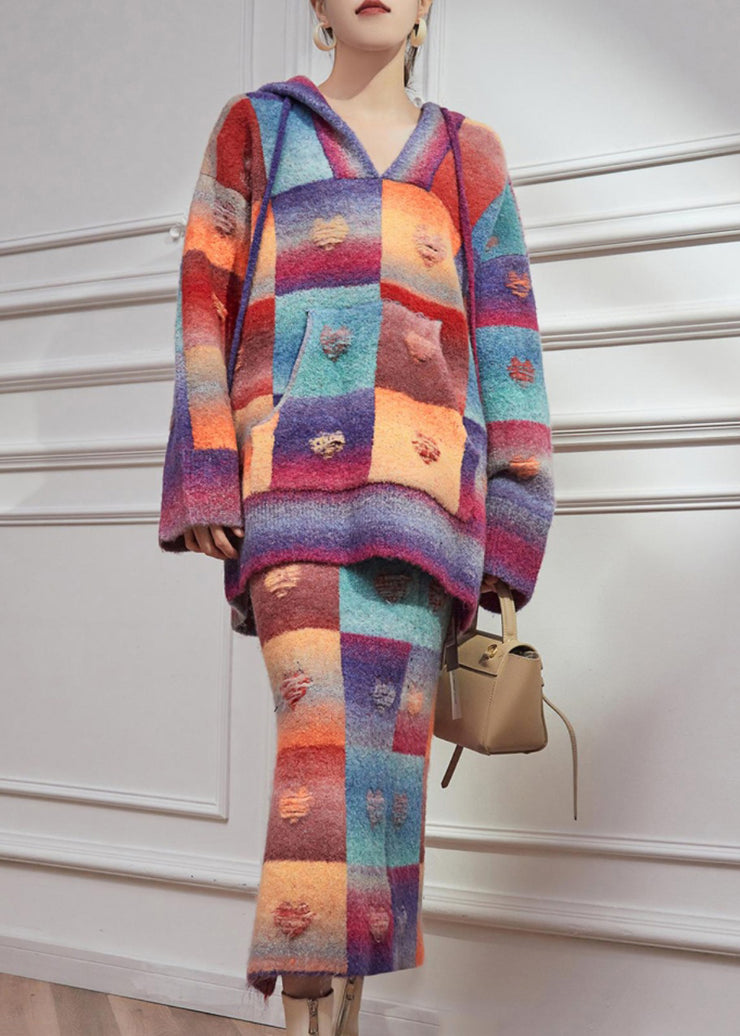 Beautiful Rainbow Hole Hooded Sweaters And Maxi Skirts Knitted Cotton Thread Two Pieces Set Winter