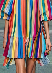 Beautiful Rainbow Square Colla Striped Chiffon Tea Dress Summer