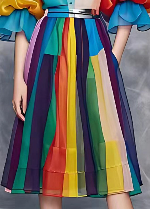 Beautiful Rainbow Tie Waist Vacation Chiffon Long Dresses Summer