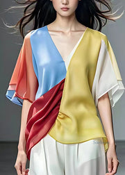 Beautiful Rainbow V Neck Asymmetrical Chiffon Shirts Short Sleeve