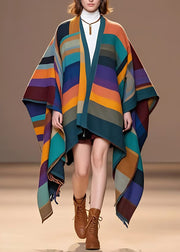 Beautiful Rainbow V Neck Striped Woolen Coat Long Fall