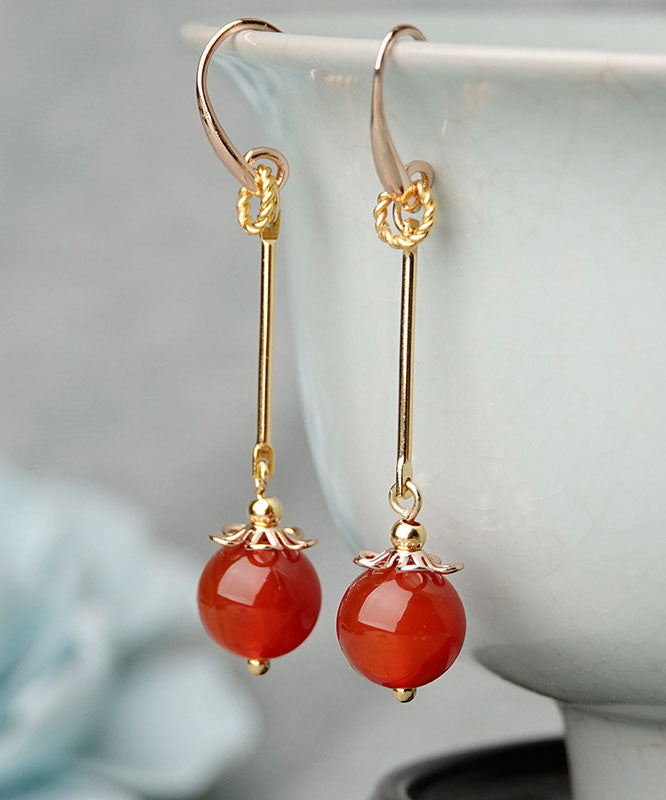 Beautiful Red Agate Original Design 14K Gold Drop Earrings