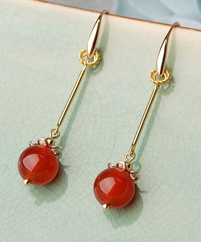 Beautiful Red Agate Original Design 14K Gold Drop Earrings