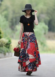 Beautiful Red Asymmetrical Print Exra Large Hem Linen Skirt Spring