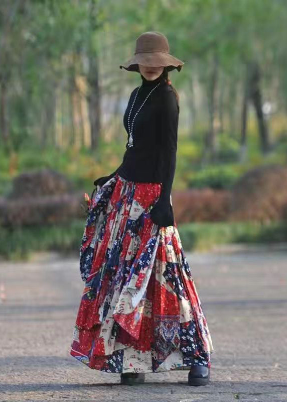 Beautiful Red Asymmetrical Print Exra Large Hem Linen Skirt Spring